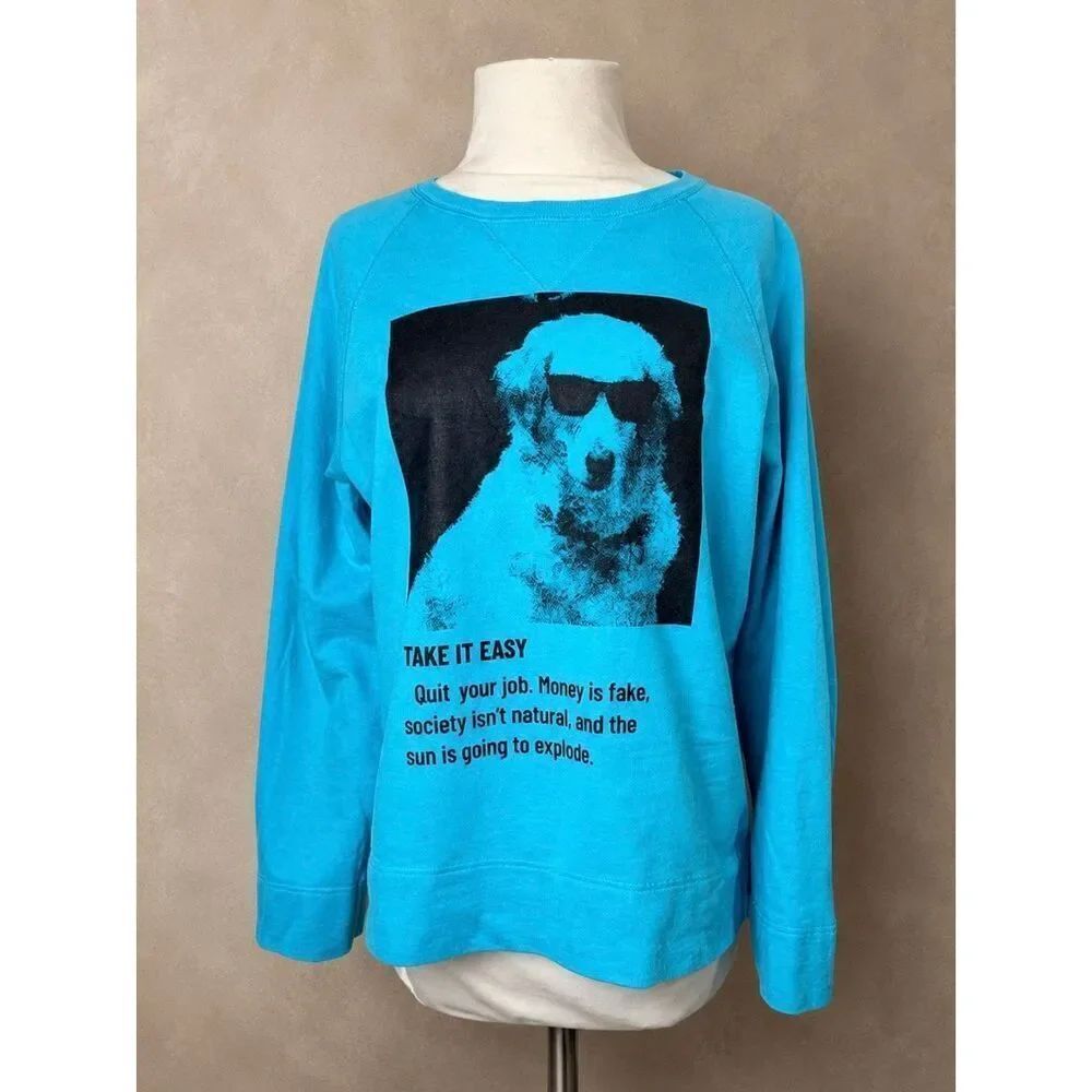 Graphic Sweatshirt Take It Easy Dog Print Turquoise Blue Cotton Size S